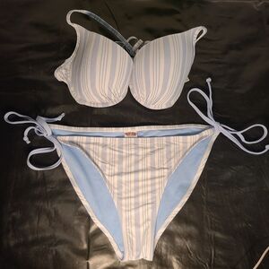 Ron Jon Surf Shop Striped Light Blue Padded Bikini Set S Top M Bottom Tie sides